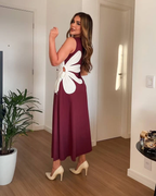 Lira Bloom Midi Dress with Statement Appliqué Floral - Wine Maroon