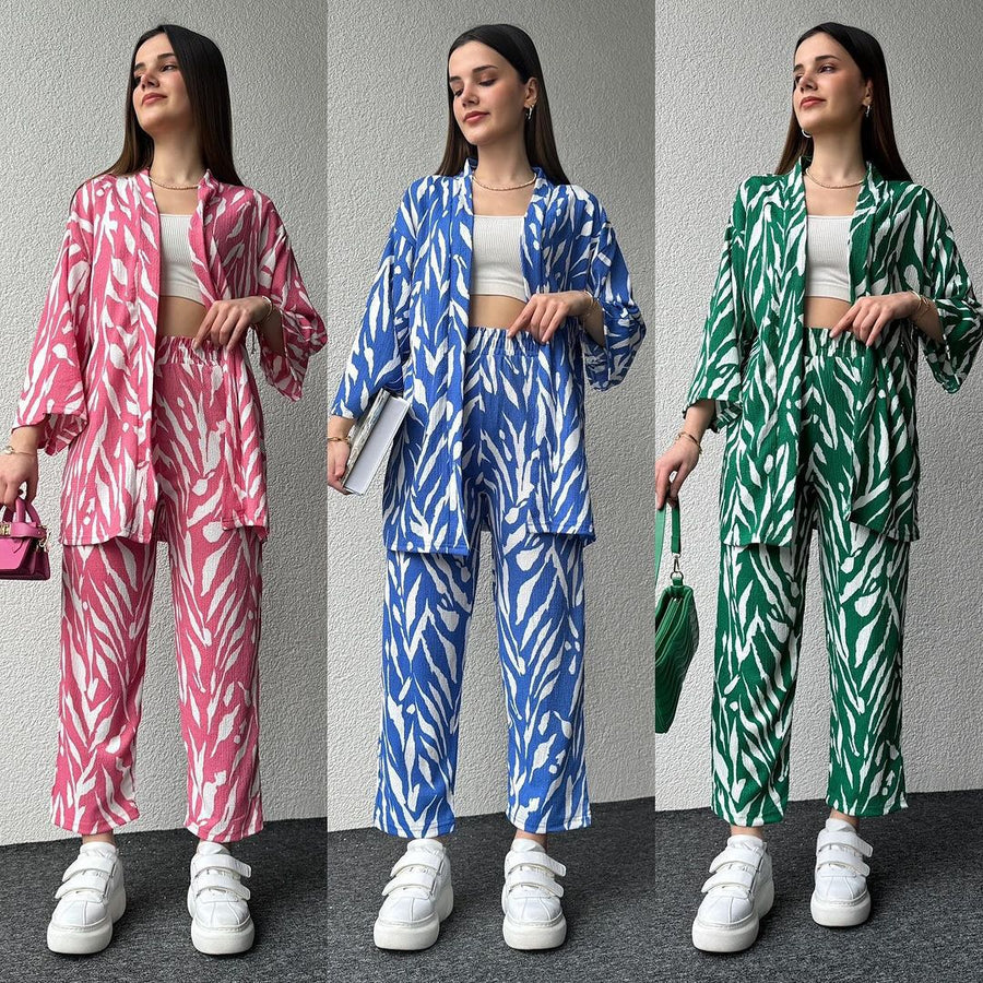 Zebra Print Oversized Shirt with Pants - Sea Green