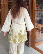 Navya – Ivory Cotton Kurta Set with Shell Neck & Floral Printed Pants - Yellow
