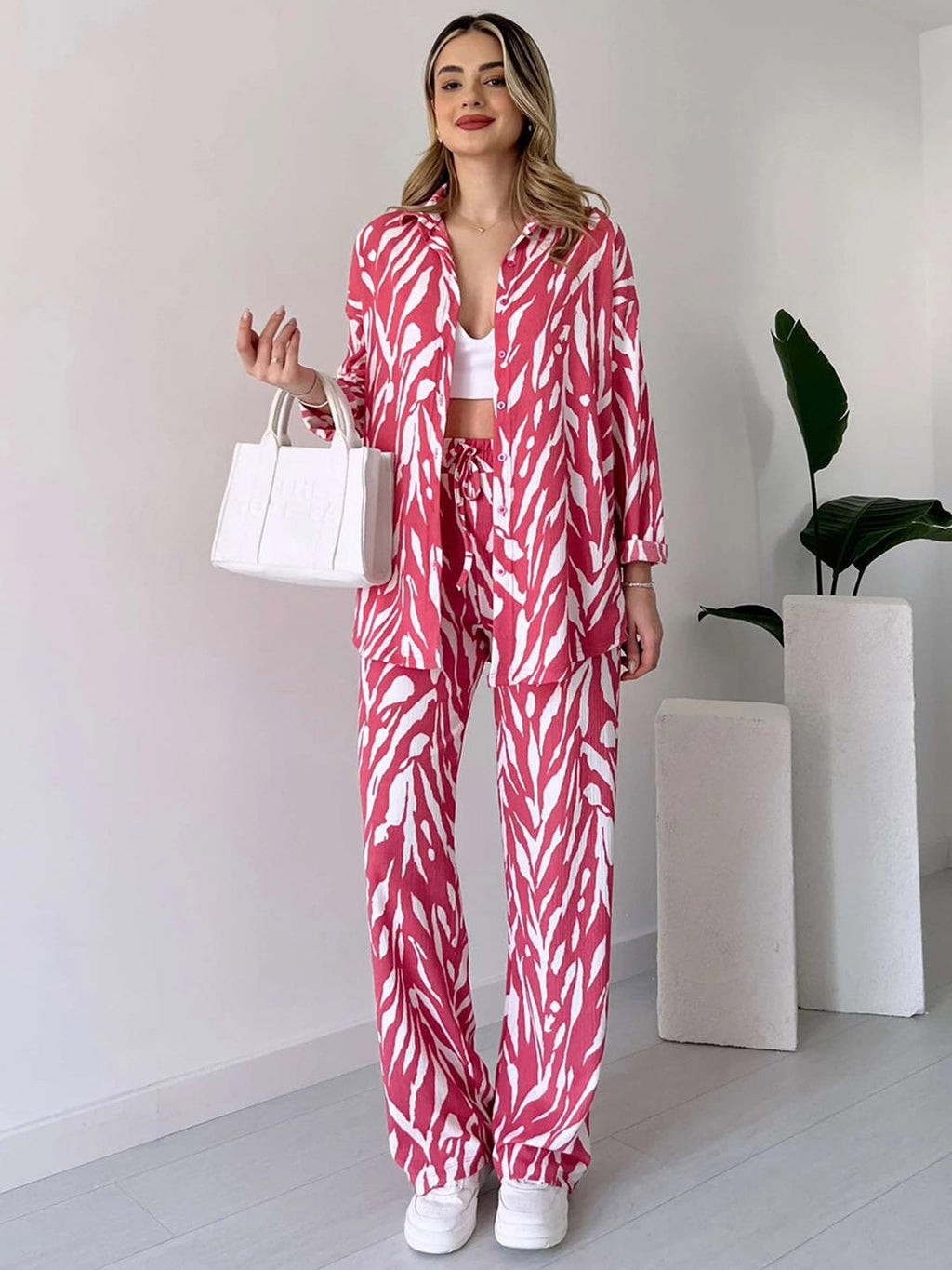 Zebra Print Oversized Shirt with Pants - Baby Pink